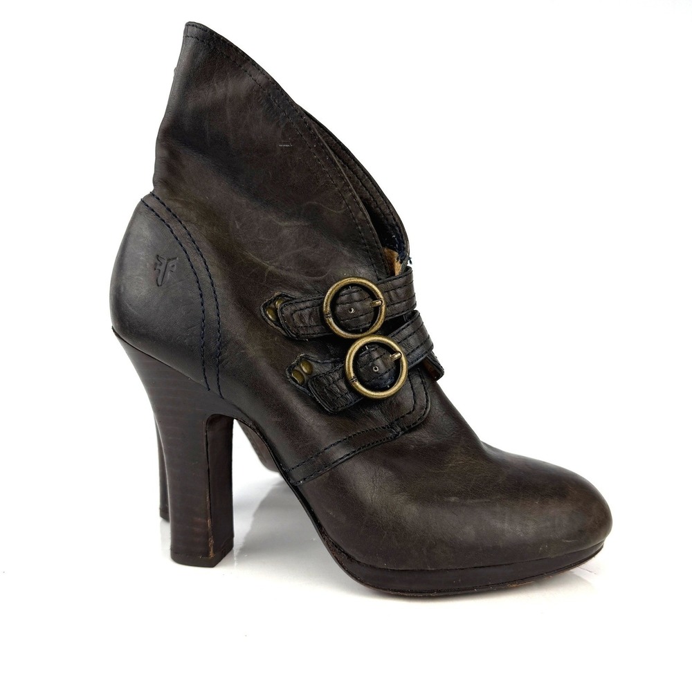 FRYE Matilda‎ 2 Strap Dark Brown Leather High Heel Foldover Cuff Ankle Boots 7M